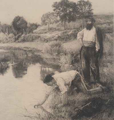 F. BARRE : Hommes s'abreuvant à la rivière, Gravure originale signée