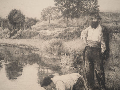 F. BARRE : Hommes s'abreuvant à la rivière, Gravure originale signée