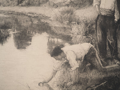 F. BARRE : Hommes s'abreuvant à la rivière, Gravure originale signée