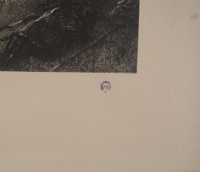 F. BARRE : Hommes s'abreuvant à la rivière, Gravure originale signée