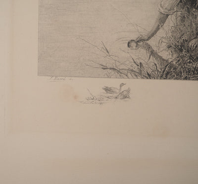 F. BARRE : Hommes s'abreuvant à la rivière, Gravure originale signée