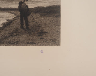 Paul JOBERT : Pécheur à l'épuisette, Gravure originale signée