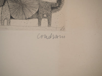 Brigitte COUDRAIN : Le chat et l'oiseau, Gravure originale signée