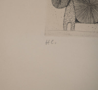 Brigitte COUDRAIN : Le chat et l'oiseau, Gravure originale signée