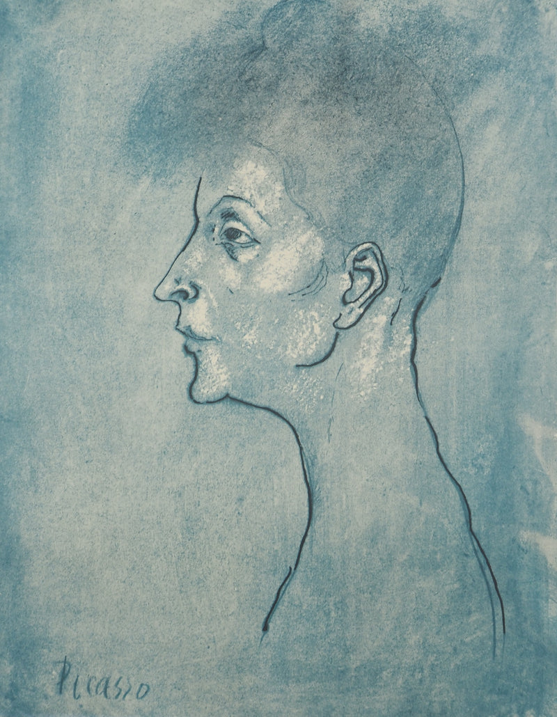 Pablo PICASSO : Période bleu, Portrait de femme, Lithographie et pochoir signée