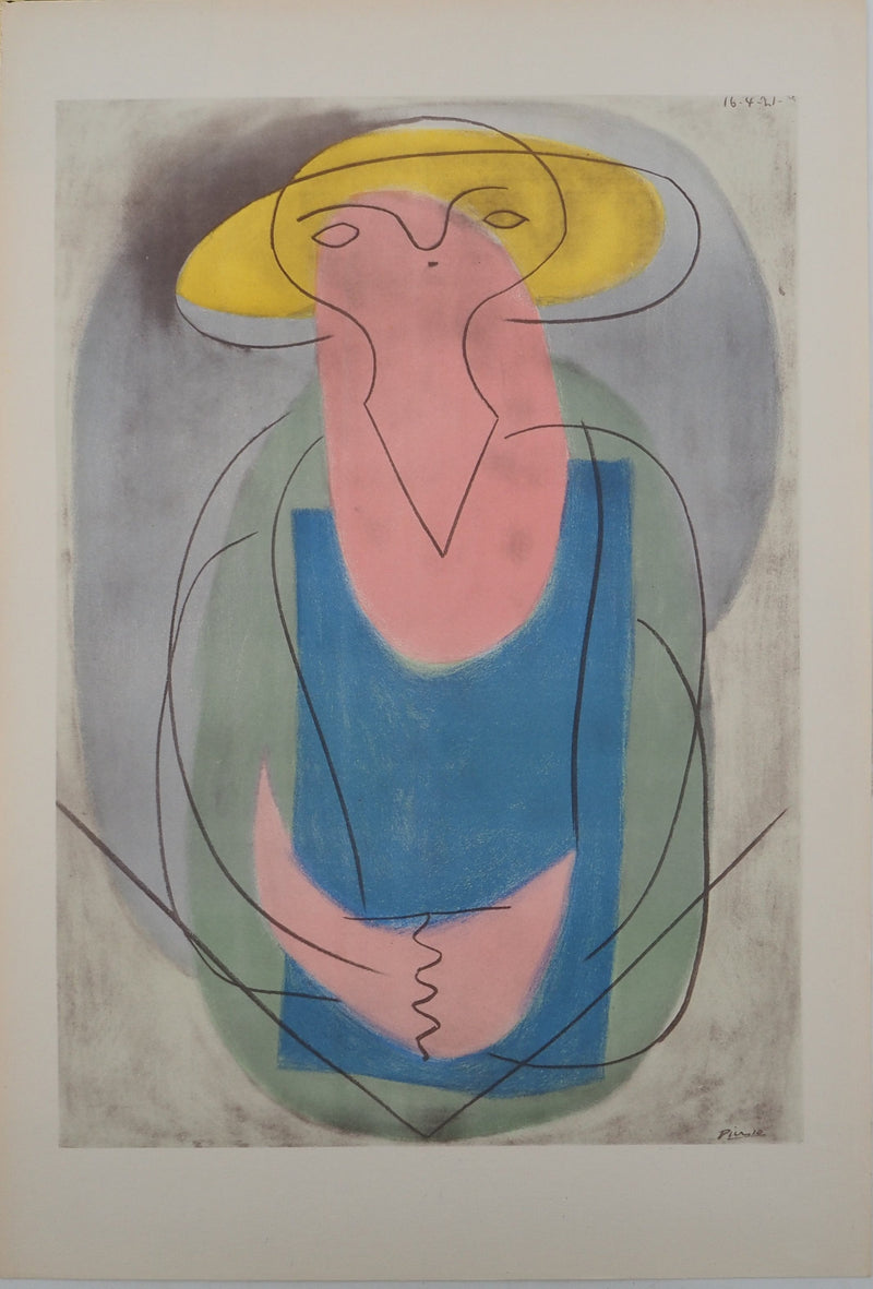 Pablo PICASSO : Portrait de femme au chapeau jaune, Lithographie et pochoir signée