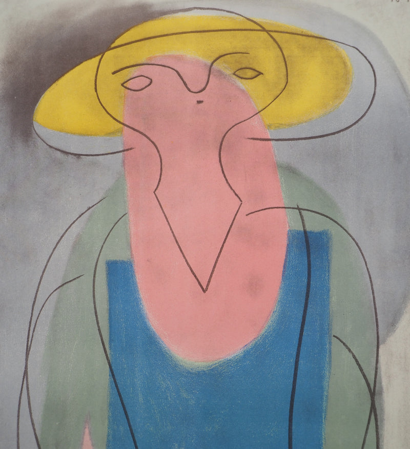 Pablo PICASSO : Portrait de femme au chapeau jaune, Lithographie et pochoir signée