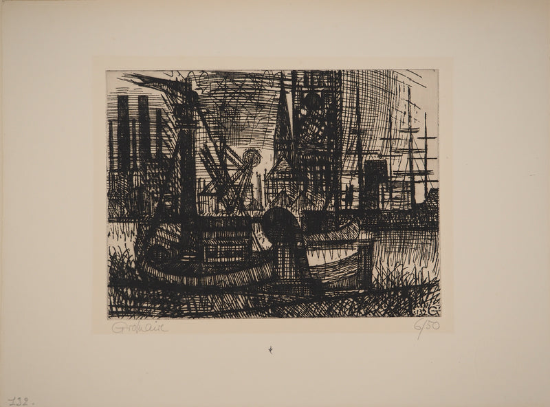 Marcel GROMAIRE : Bateaux et voiliers au port, Gravure originale (vue générale) - Crédit photo : Galerie Art.Paris