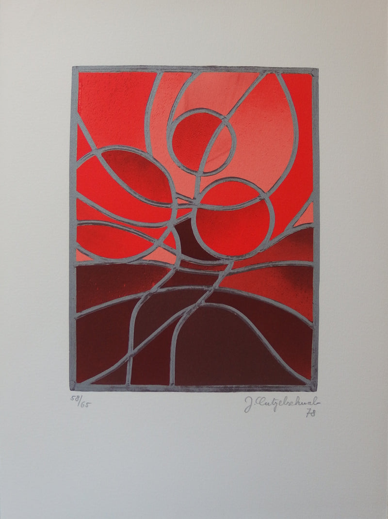 LUTZELSCHWAB : Composition aux cercles rouges, Photolithographie originale signée