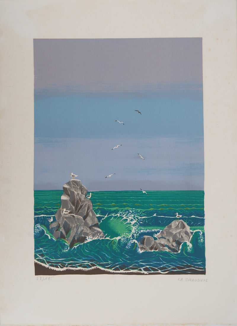 Mady DE LA GIRAUDIERE : Le rocher, Lithographie originale signée