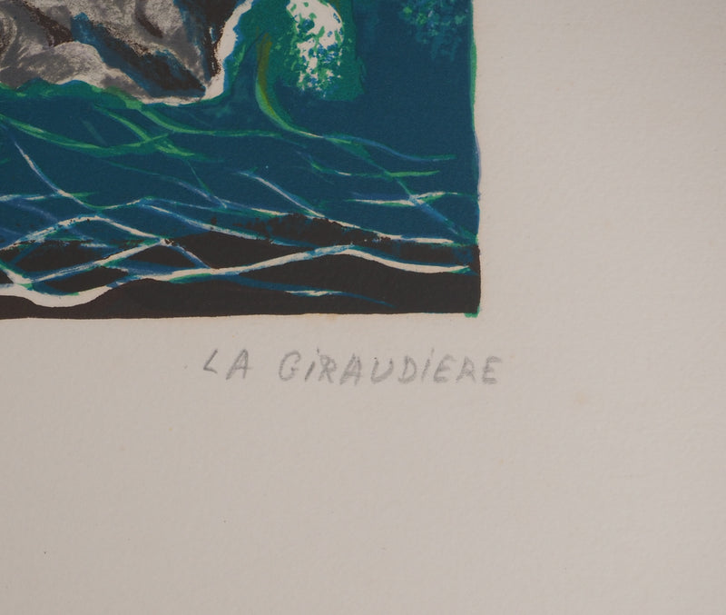Mady DE LA GIRAUDIERE : Le rocher, Lithographie originale signée