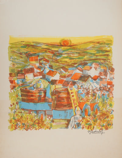 Pierre GAILLARDOT : Village dans les vignes, Lithographie originale signée