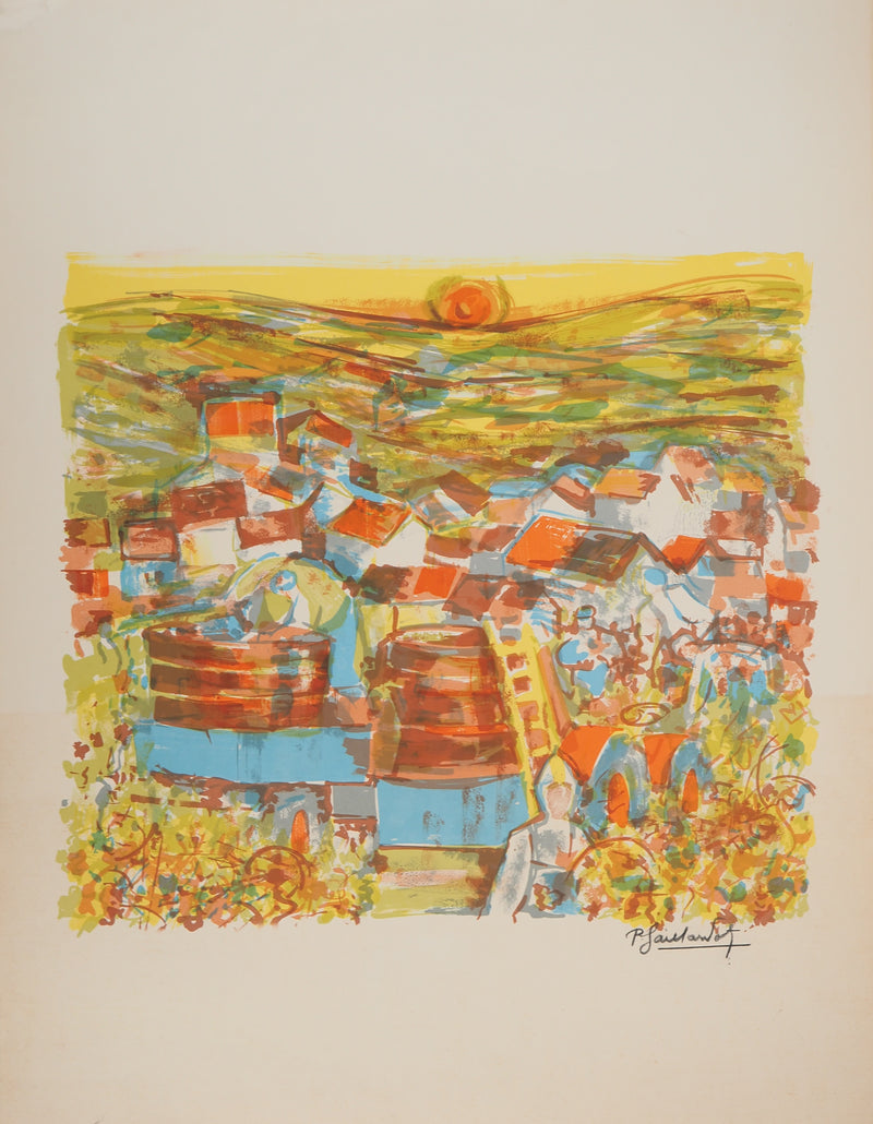 Pierre GAILLARDOT : Village dans les vignes, Lithographie originale signée