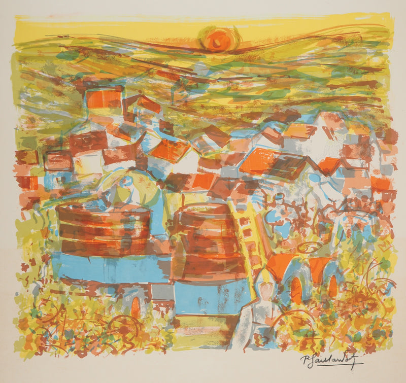 Pierre GAILLARDOT : Village dans les vignes, Lithographie originale signée
