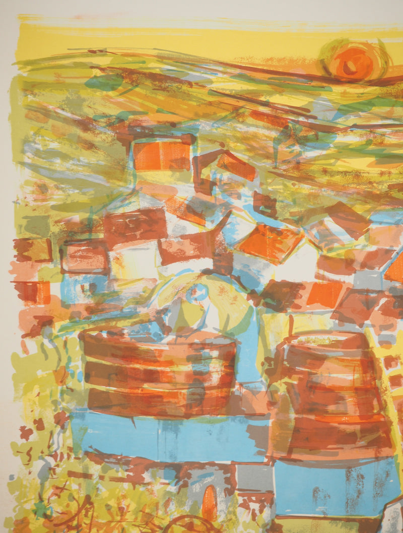 Pierre GAILLARDOT : Village dans les vignes, Lithographie originale signée