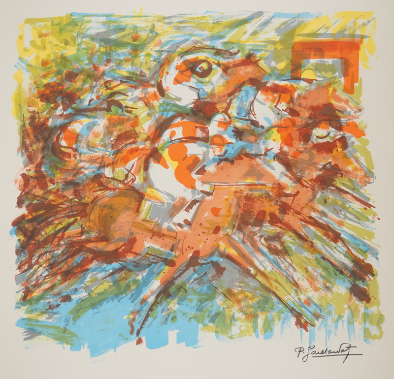 Pierre GAILLARDOT : La course hippique, Lithographie originale signée