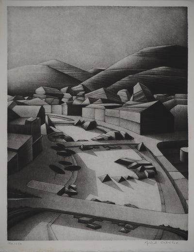 Michel ESTEBE : Les ponts sur le fleuve, Gravure originale (vue générale) - Crédit photo : Galerie Art.Paris