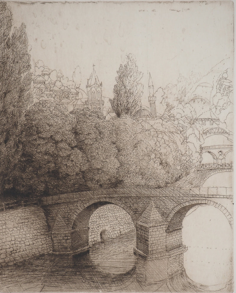 Safet ZEC : Le pont Latin à Sarajevo, Gravure originale (photo de détail 2) - Crédit photo : Galerie Art.Paris