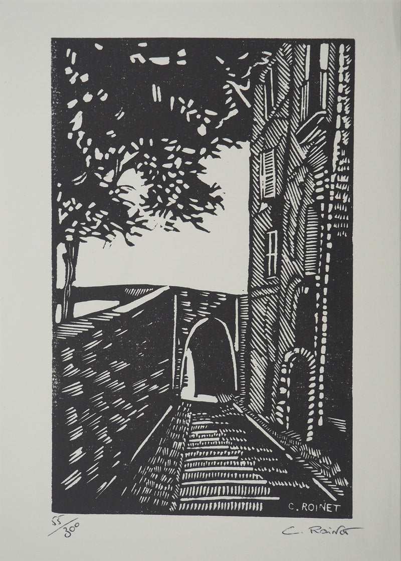 C. ROINET : La ruelle, Bois gravé original signé