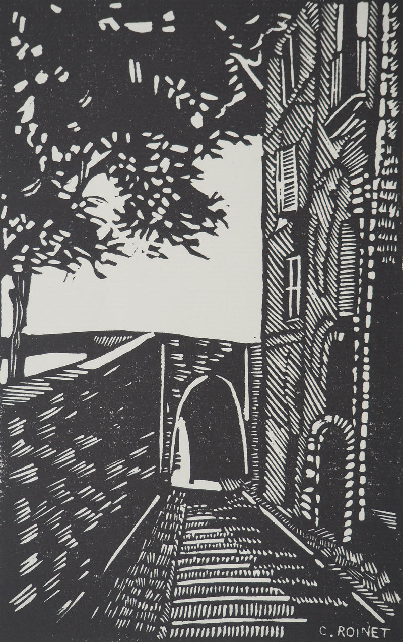 C. ROINET : La ruelle, Bois gravé original signé