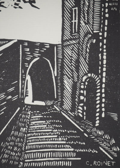 C. ROINET : La ruelle, Bois gravé original signé