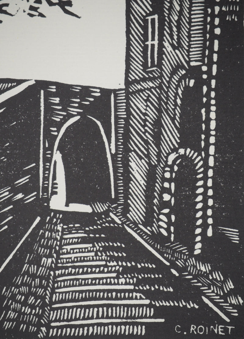 C. ROINET : La ruelle, Bois gravé original signé