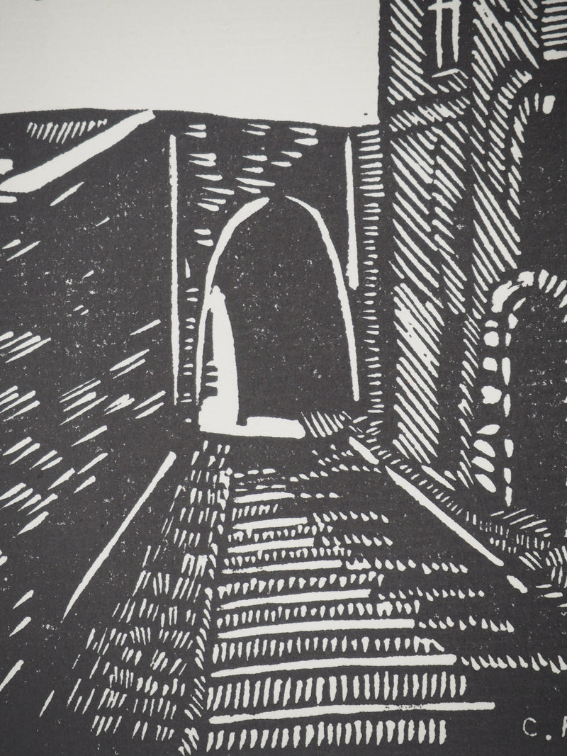 C. ROINET : La ruelle, Bois gravé original signé