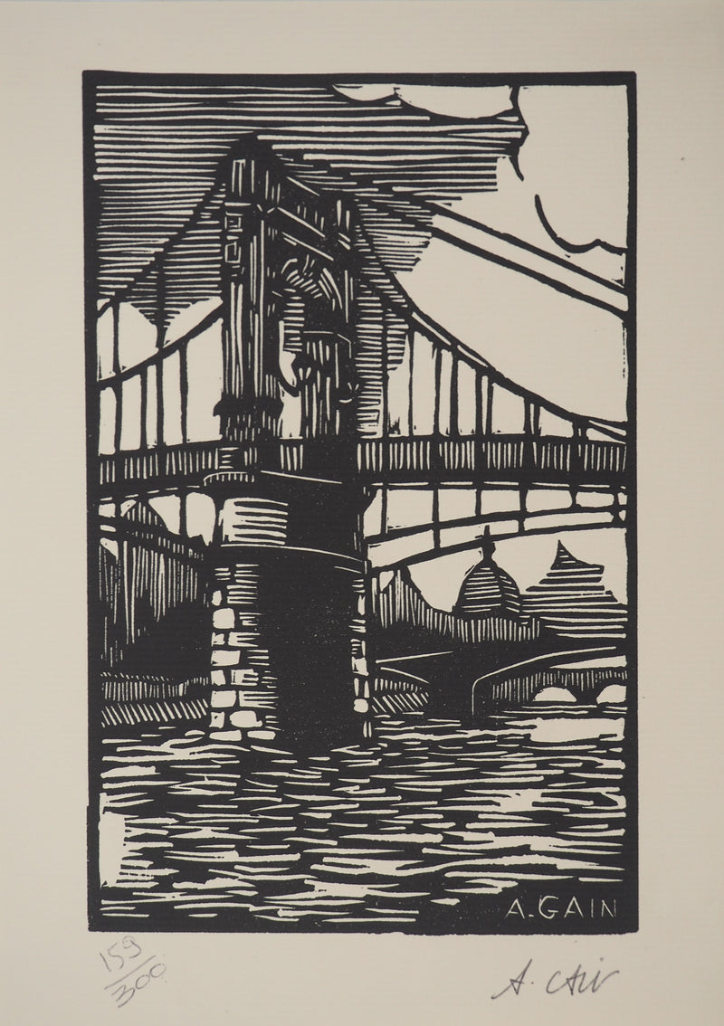 A. GAIN : Le pont, Bois gravé original signé