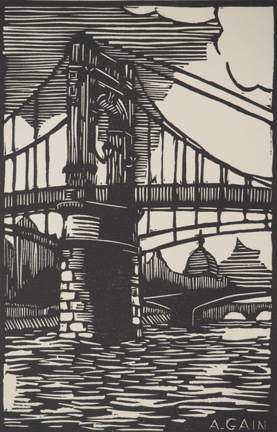 A. GAIN : Le pont, Bois gravé original signé