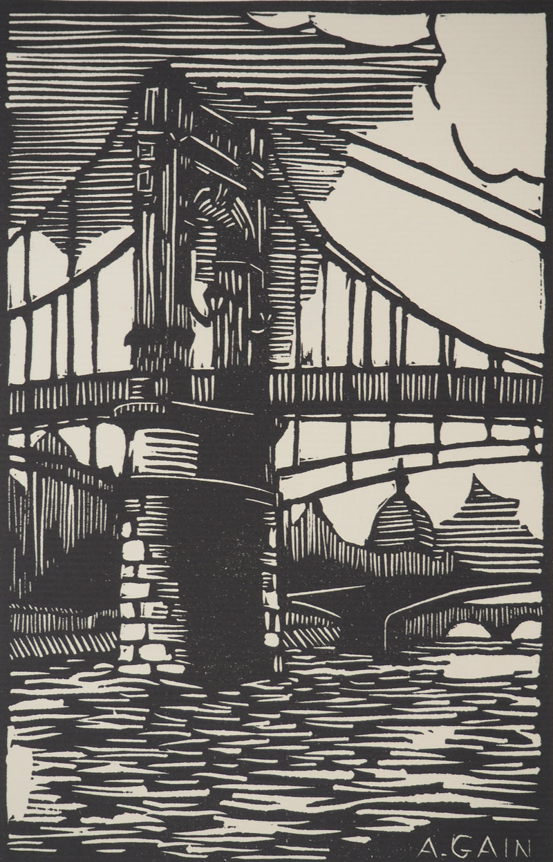 A. GAIN : Le pont, Bois gravé original signé