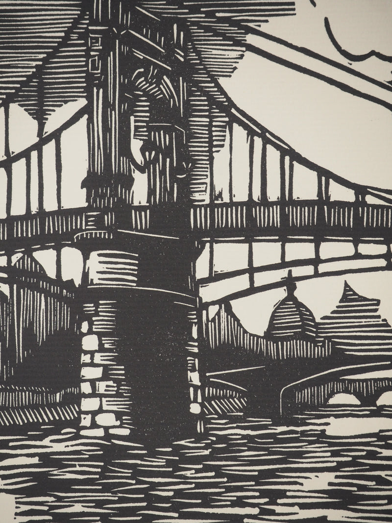 A. GAIN : Le pont, Bois gravé original signé