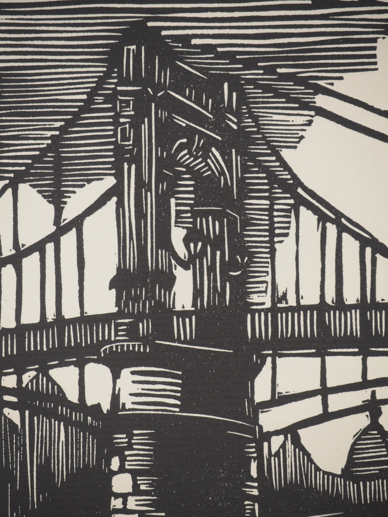 A. GAIN : Le pont, Bois gravé original signé