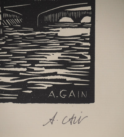 A. GAIN : Le pont, Bois gravé original signé