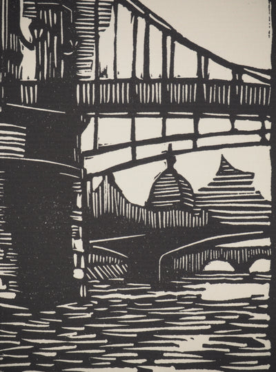 A. GAIN : Le pont, Bois gravé original signé
