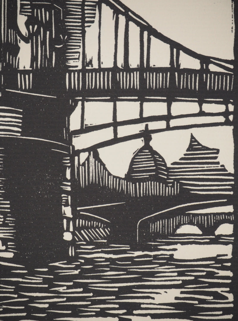 A. GAIN : Le pont, Bois gravé original signé