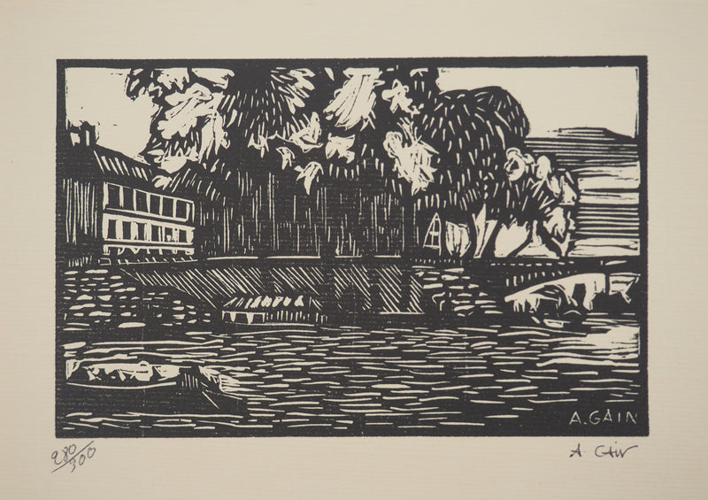 A. GAIN : Sur les quais, Bois gravé original signé