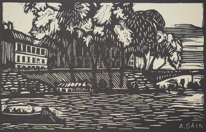 A. GAIN : Sur les quais, Bois gravé original signé