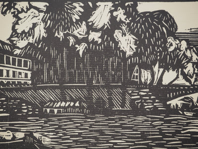 A. GAIN : Sur les quais, Bois gravé original signé