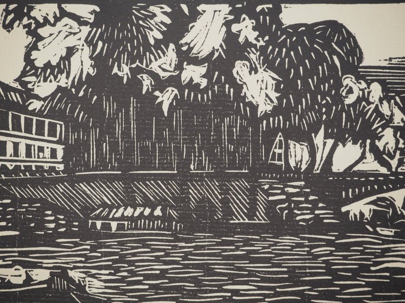 A. GAIN : Sur les quais, Bois gravé original signé