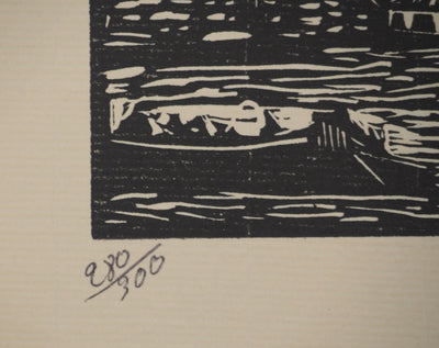 A. GAIN : Sur les quais, Bois gravé original signé