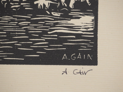 A. GAIN : Sur les quais, Bois gravé original signé