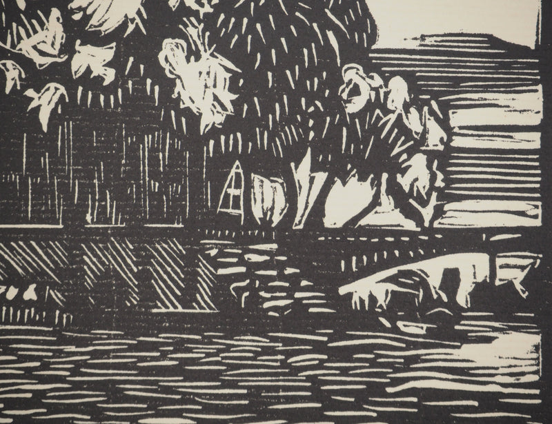 A. GAIN : Sur les quais, Bois gravé original signé