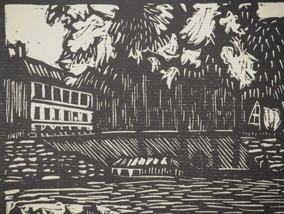 A. GAIN : Sur les quais, Bois gravé original signé