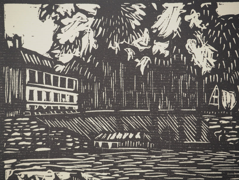 A. GAIN : Sur les quais, Bois gravé original signé
