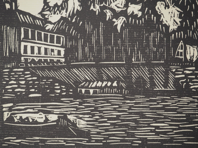 A. GAIN : Sur les quais, Bois gravé original signé