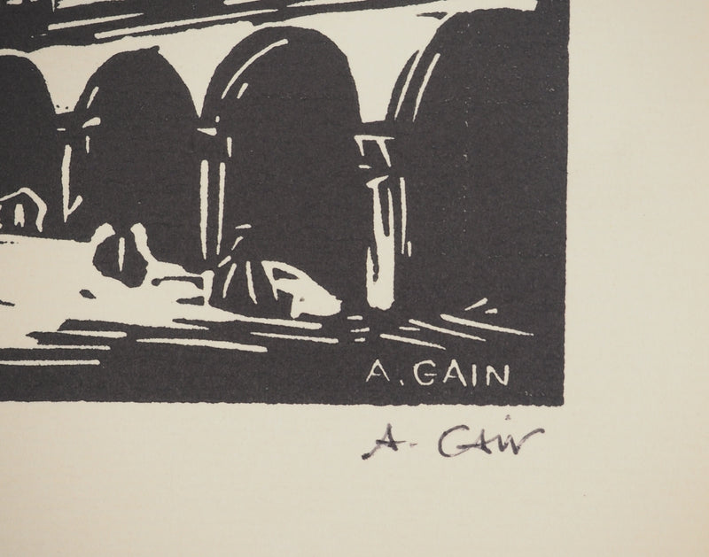 A. GAIN : Sur la place, Bois gravé original signé