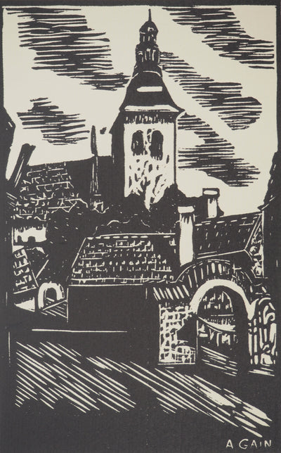 A. GAIN : Le clocher, Bois gravé original signé