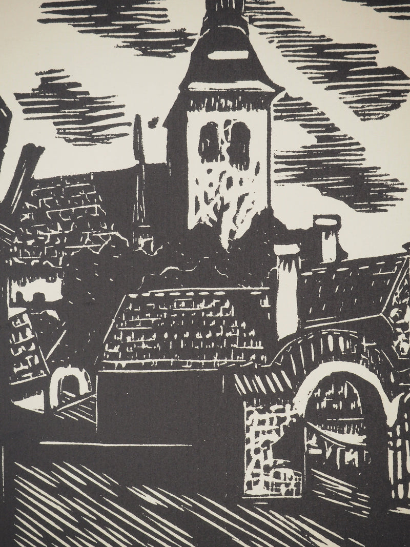 A. GAIN : Le clocher, Bois gravé original signé