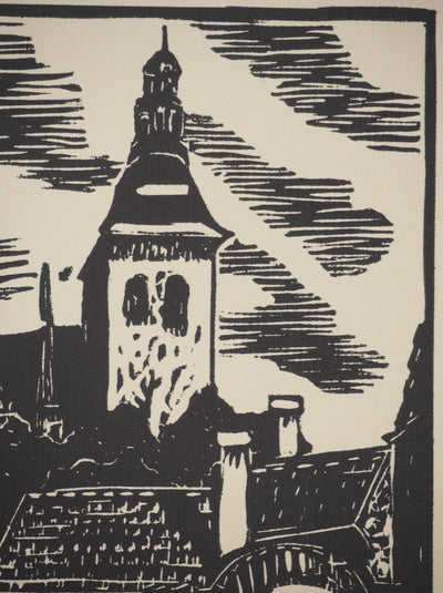 A. GAIN : Le clocher, Bois gravé original signé