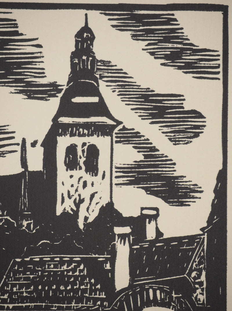 A. GAIN : Le clocher, Bois gravé original signé